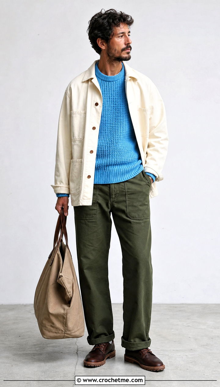 Waffle Stitch Crochet Sweater With Chore Coat - 30 male crochet sweater outfit ideas