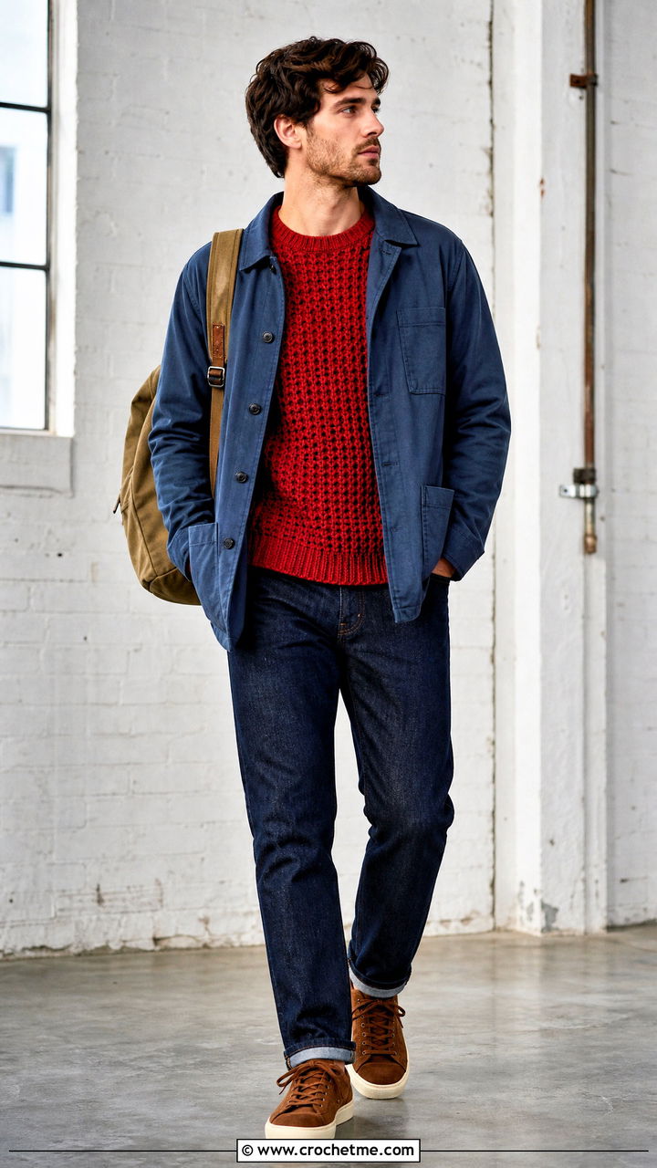 Waffle Stitch Crochet Sweater With Chore Jacket - 35 men crochet sweater outfit ideas