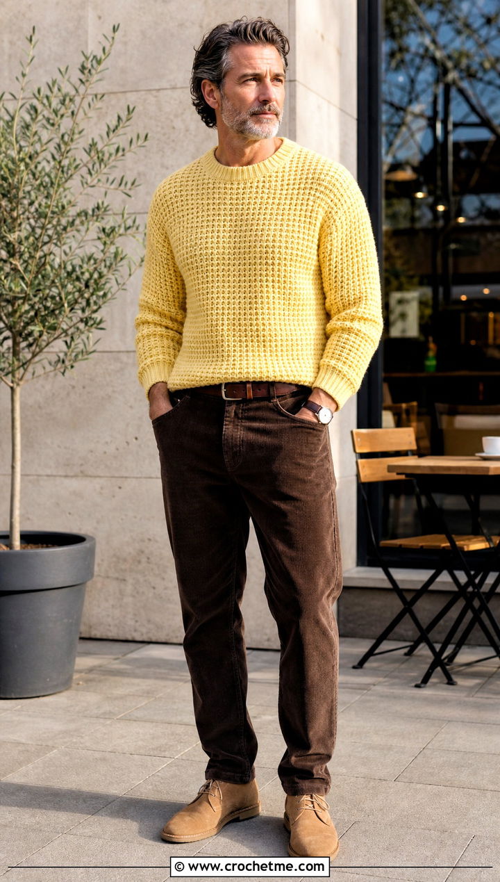 Waffle Stitch Crochet Sweater With Corduroy Pants - 35 crochet man sweaters outfit ideas