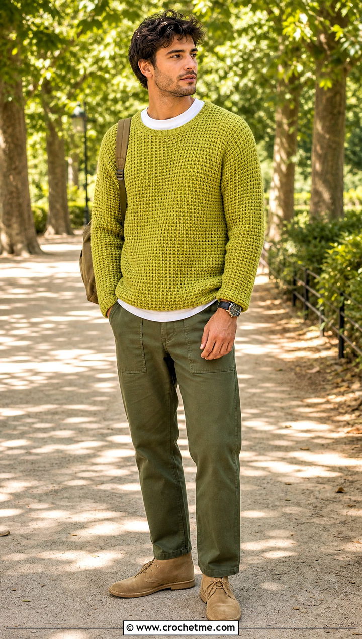 Waffle Stitch Crochet Sweater With Fatigue Pants - 35 men's crochet sweater ideas