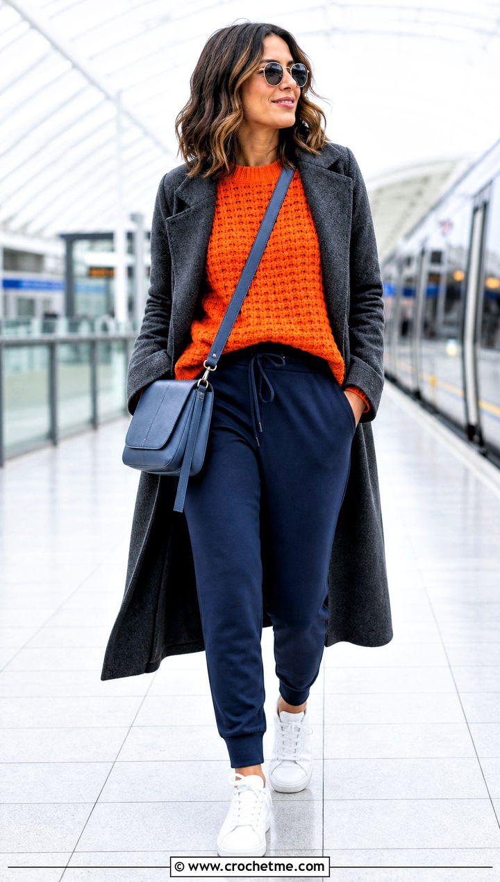 Waffle Stitch Crochet Sweater With Joggers And Wool Coat - 30 winter crochet sweater outfit ideas