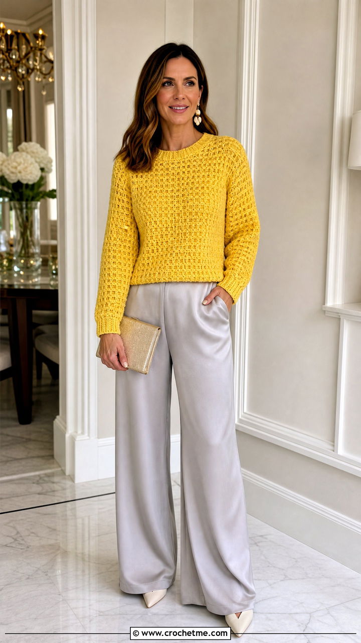 Waffle Stitch Crochet Sweater With Satin Pants - 35 crochet sweaters outfit ideas
