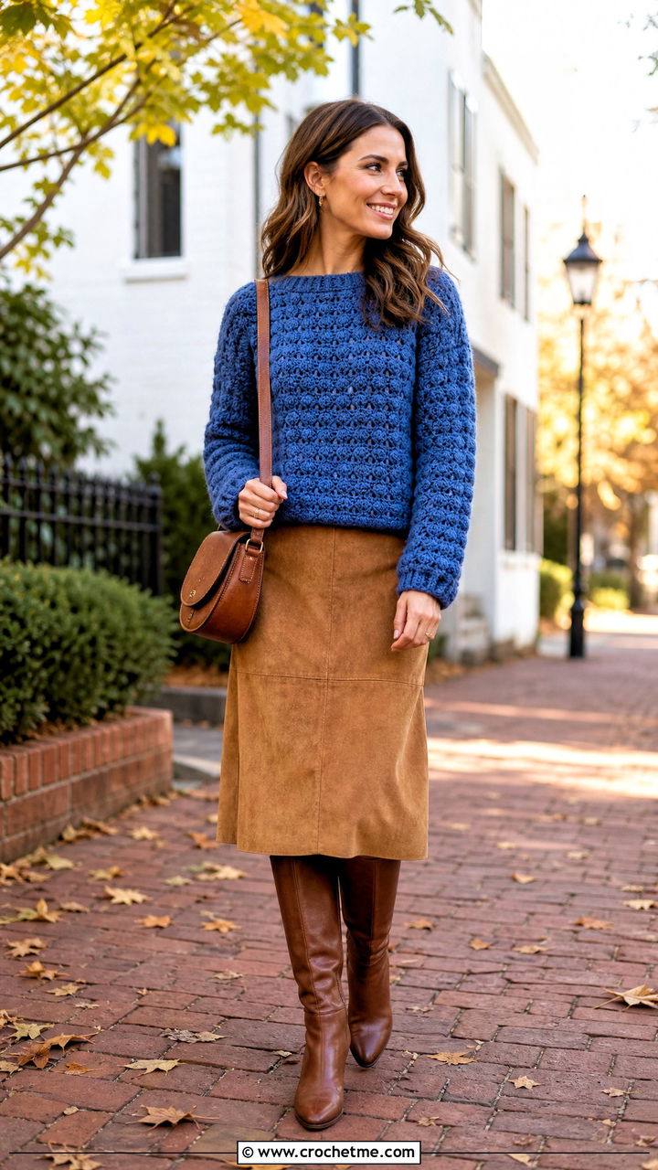 Waffle Stitch Crochet Sweater With Suede Midi Skirt - 35 fall crochet sweater outfit ideas