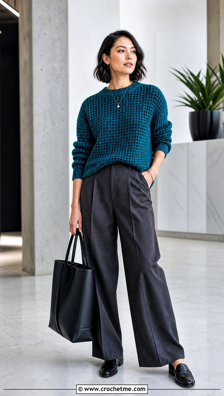 Waffle Stitch Crochet Sweater With Tailored Trousers - 25 Crochet Textured Sweater outfit ideas