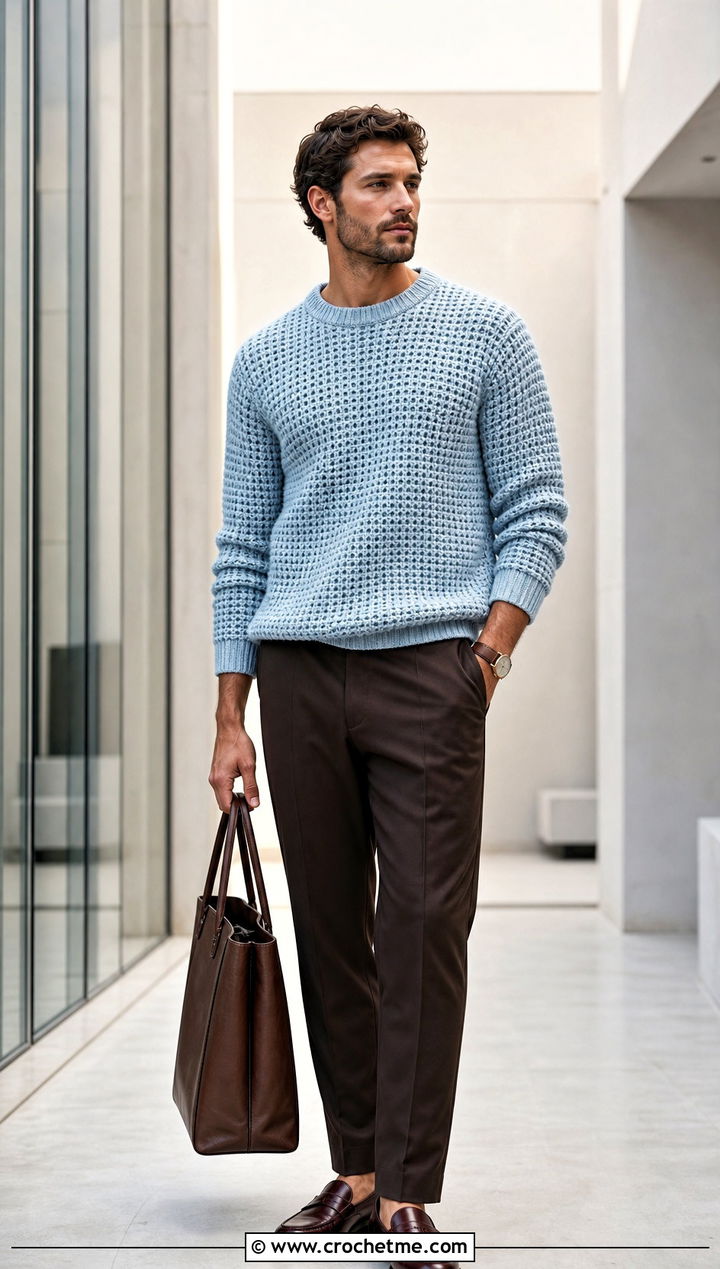 Waffle Stitch Crochet Sweater With Tailored Trousers - 30 crochet sweater for man outfit ideas