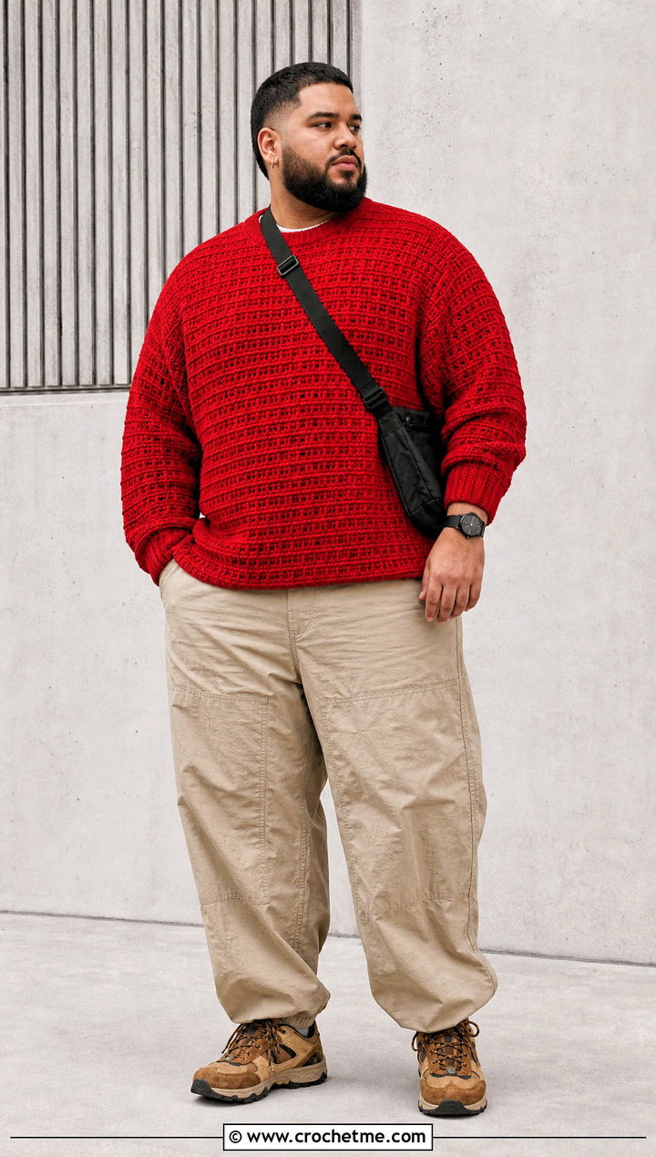 Waffle Stitch Crochet Sweater With Utility Pants - 30 men's crochet sweater outfit ideas