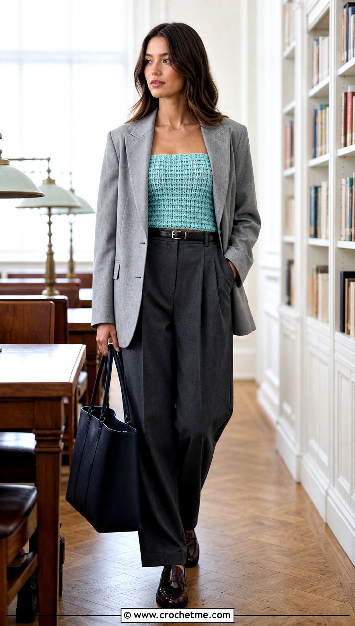 Waffle Stitch Crochet Tube Top With Pleated Trousers - 35 crochet tube tops outfit ideas