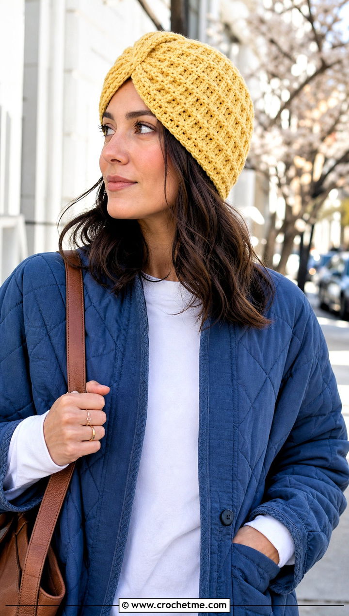 Waffle Stitch Crochet Turban Hat With Quilted Jacket And Barrel Jeans - 35 crochet turban hat outfit ideas