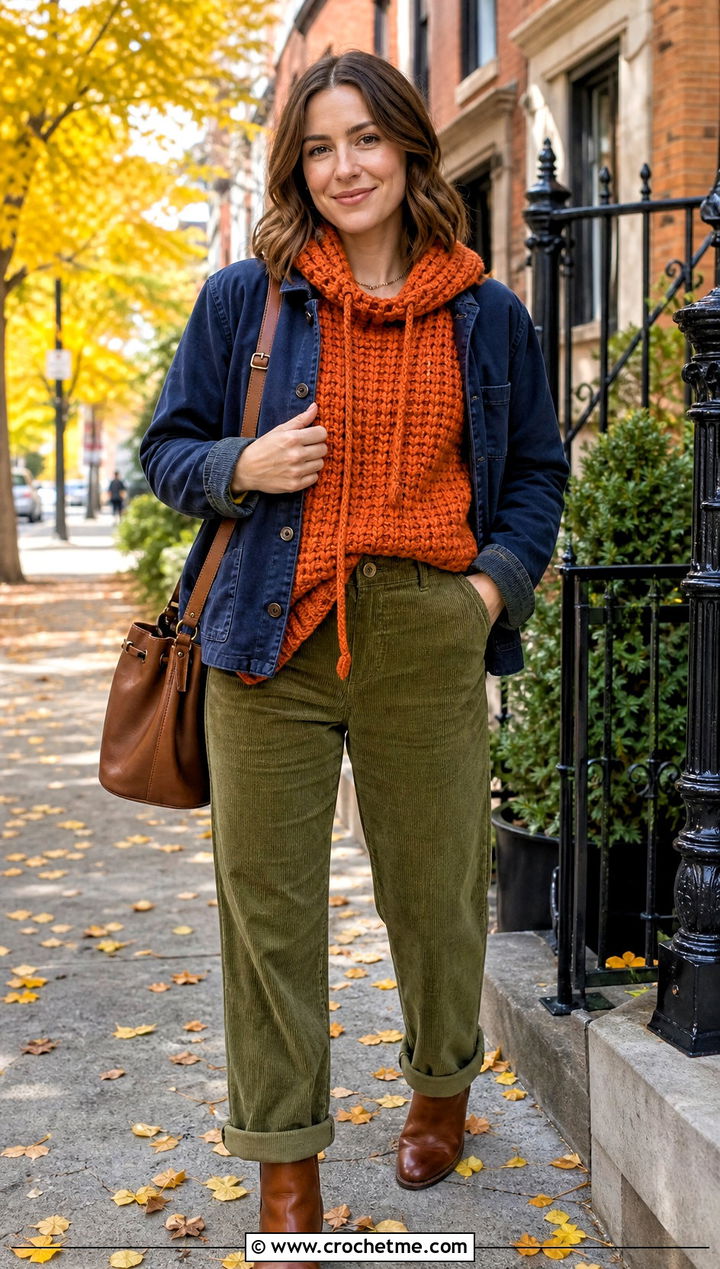 Waffle Stitch Crochet Turtle Neck Hoodie With Corduroy Pants - 30 crochet turtle neck hoodie outfit ideas