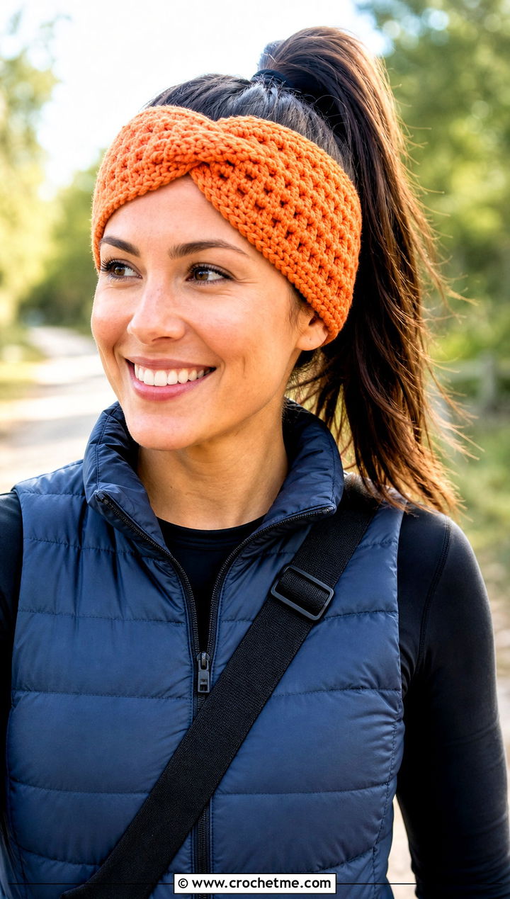 Waffle Stitch Crochet Twist Headband With Puffer Vest - 30 crochet twist headband outfit ideas