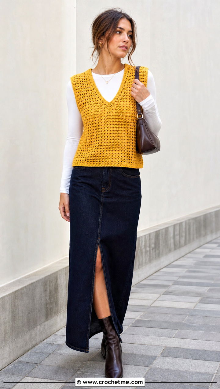 Waffle Stitch Crochet V Neck Sweater Vest With Denim Maxi Skirt - 25 crochet v neck sweater vest outfit ideas