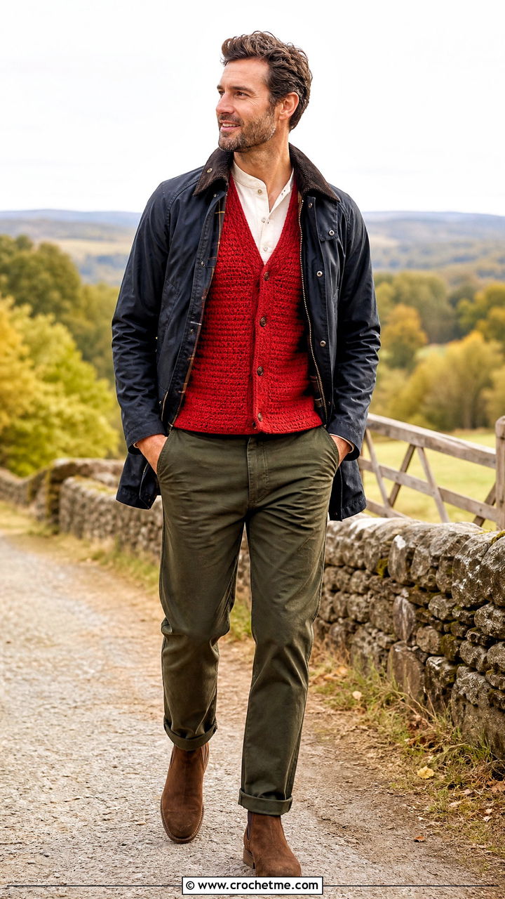 Waffle Stitch Crochet Vest With Henley Shirt And Canvas Pants - 35 crochet vest for men outfit ideas
