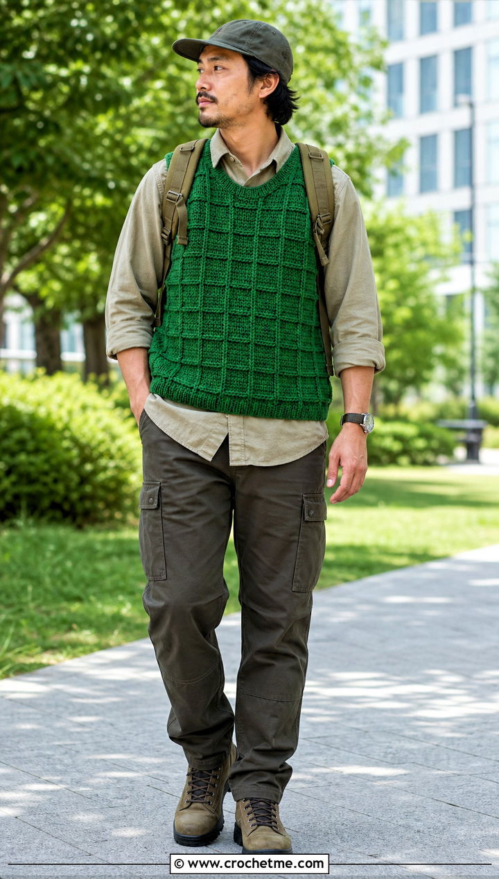 Waffle Stitch Crochet Vest With Utility Shirt And Cargo Pants - 30 mens crochet vest outfit ideas