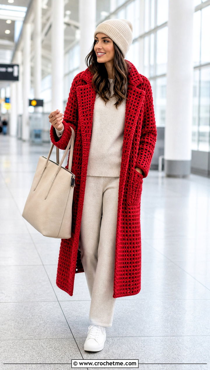 Waffle Stitch Crochet Winter Coat With Knit Lounge Set - 20 Crochet Winter Coat outfit ideas