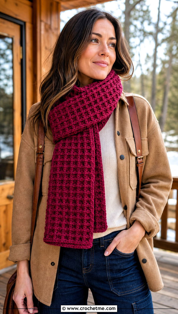 Waffle Stitch Crochet Winter Scarf With Shacket - 35 crochet winter scarf outfit ideas