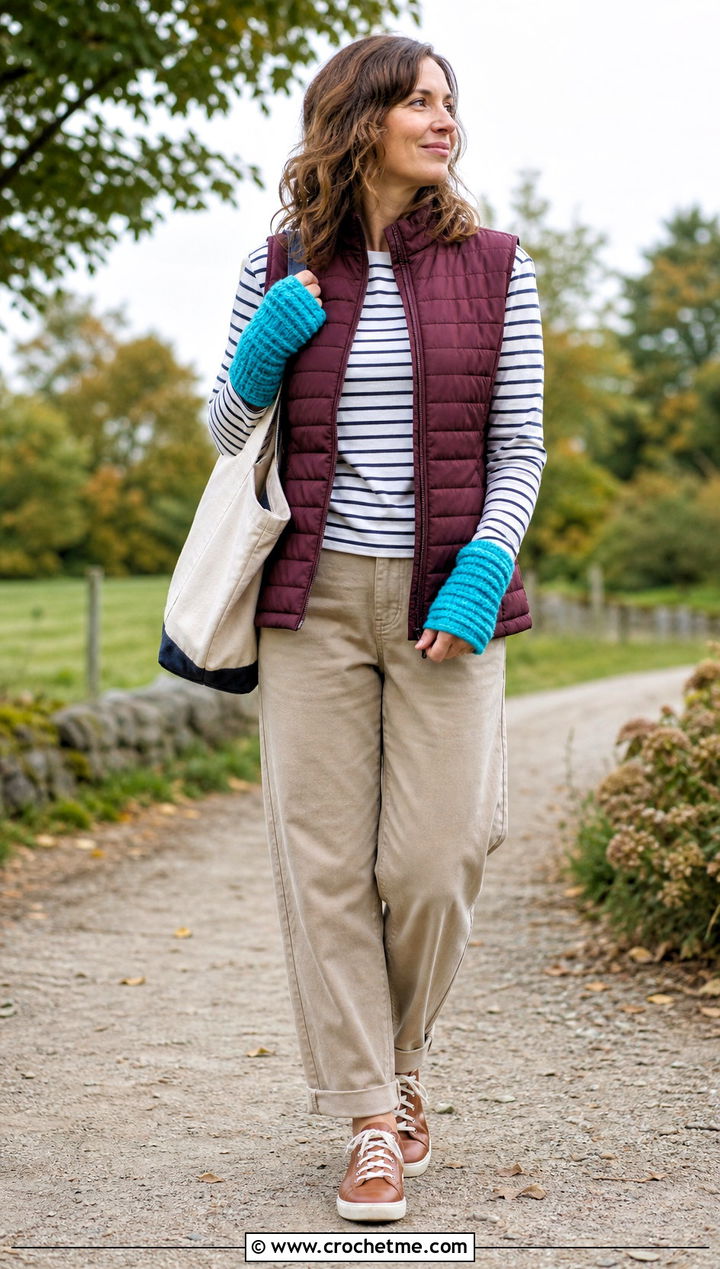 Waffle Stitch Crochet Wrist Warmers With Quilted Vest - 35 crochet hand warmer outfit ideas