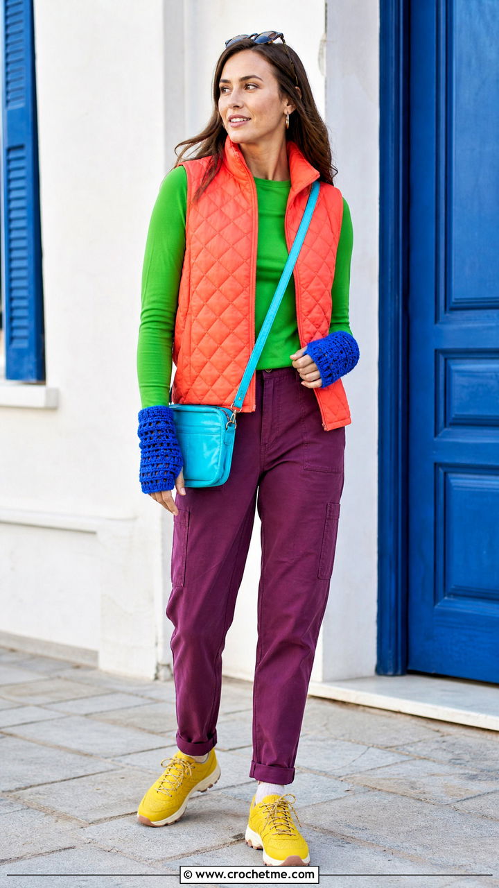 Waffle Stitch Crochet Wrist Warmers With Quilted Vest - 35 crochet gloves outfit ideas