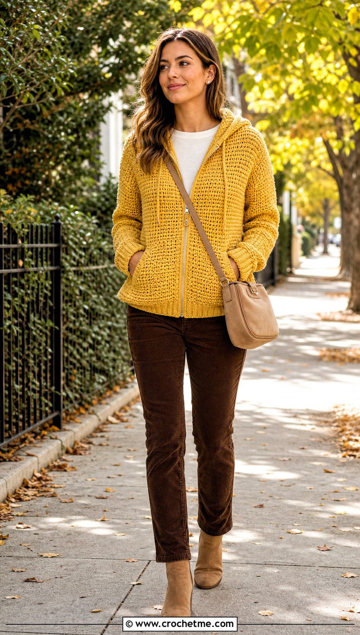 Waffle Stitch Crochet Zip Up Hoodie With Corduroy Pants - 30 crochet zip up hoodie outfit ideas