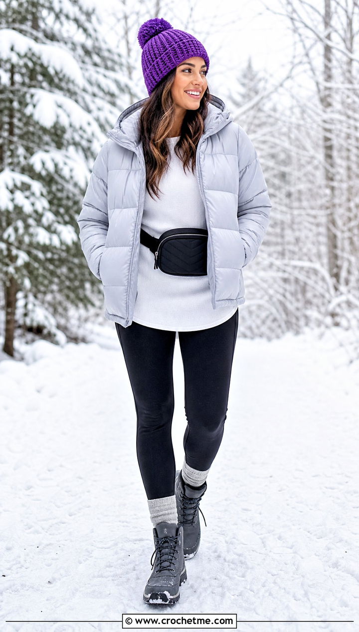 Waffle Stitch Crocheted Beanie With Puffer Jacket And Leggings - 35 crocheted beanie outfit ideas