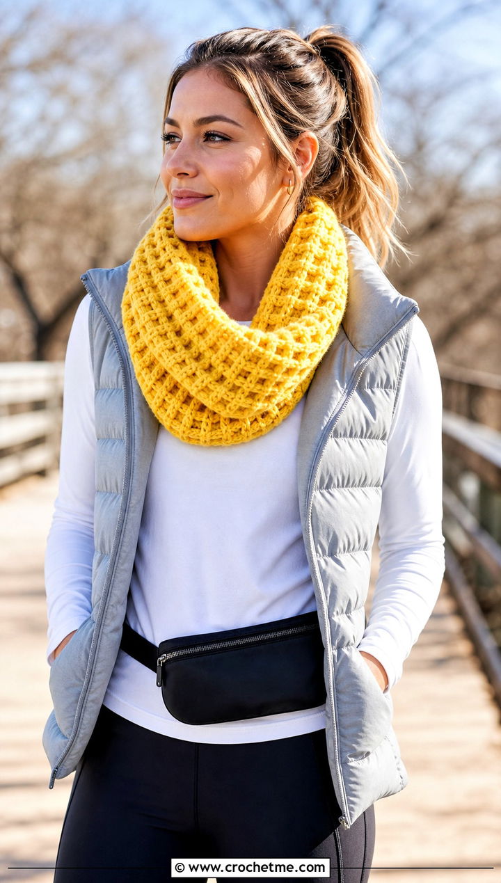 Waffle Stitch Crocheted Infinity Scarf With Leggings and Puffer Vest - 15 Easy Crocheted Infinity Scarf outfit ideas