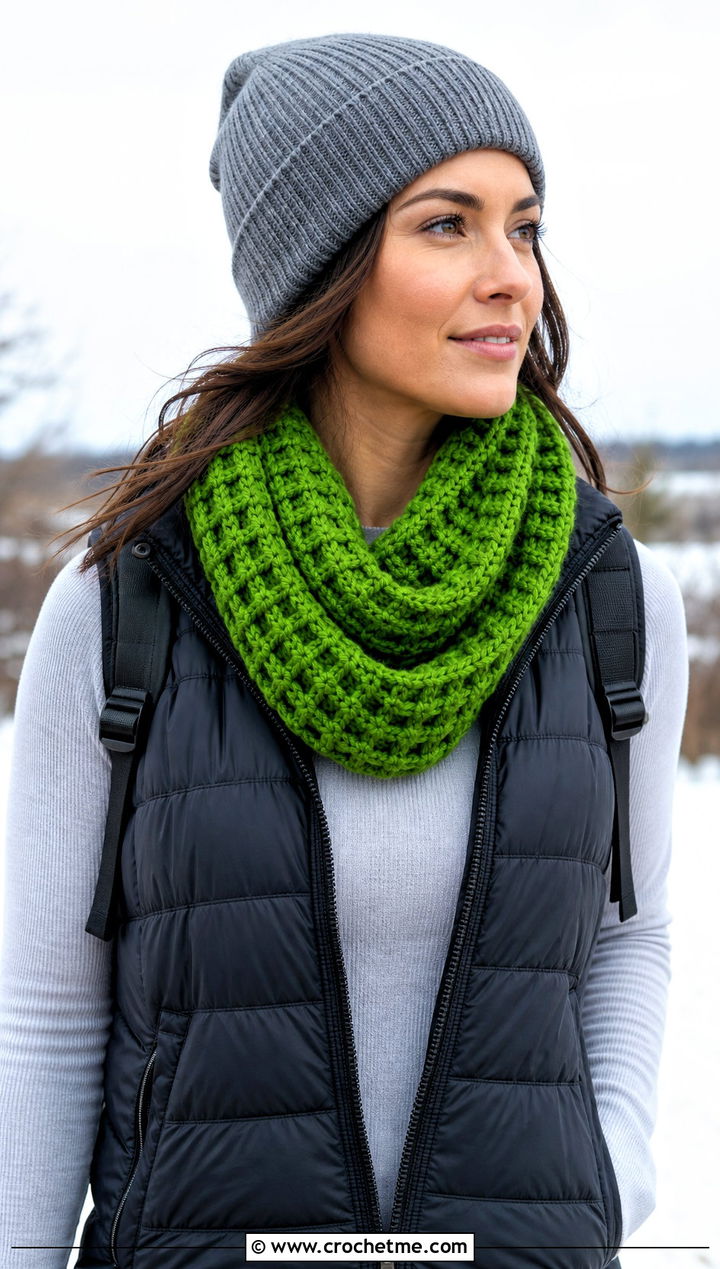 Waffle Stitch Crocheted Infinity Scarf With Puffer Vest - 25 Crocheted Infinity Scarf outfit ideas