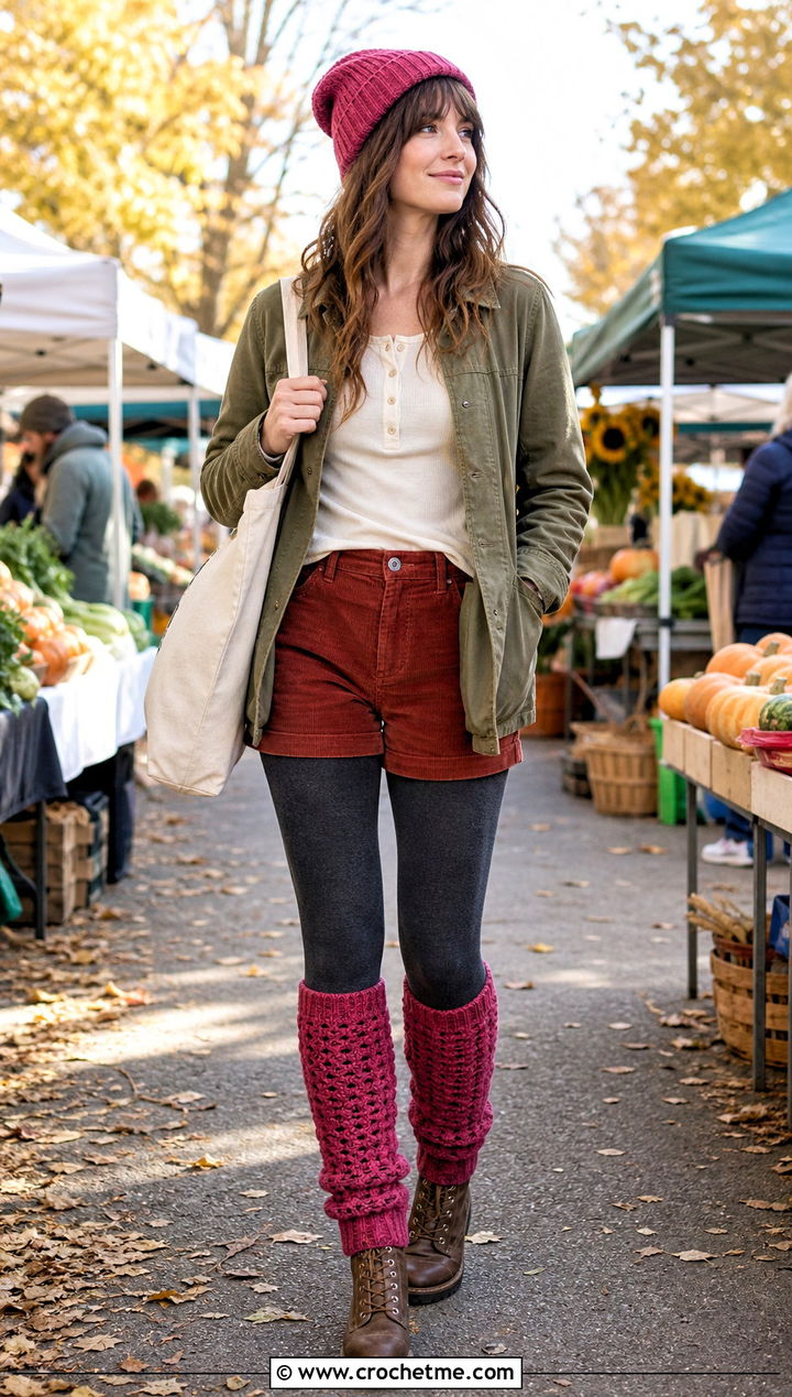 Waffle Stitch Crocheted Leg Warmers With Barn Jacket And Corduroy Shorts - 35 Crocheted Leg Warmers outfit ideas