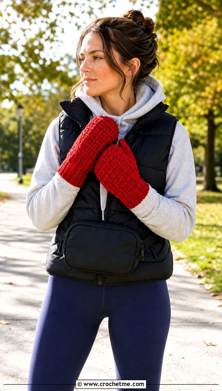 Waffle Stitch Crocheted Mittens With Puffer Vest - 30 Crocheted Mittens outfit ideas