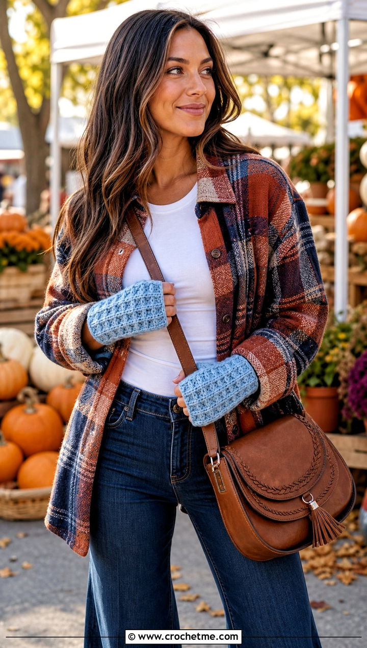 Waffle Stitch DK Yarn Crochet Fingerless Gloves With Shacket - 25 dk yarn crochet fingerless gloves outfit ideas