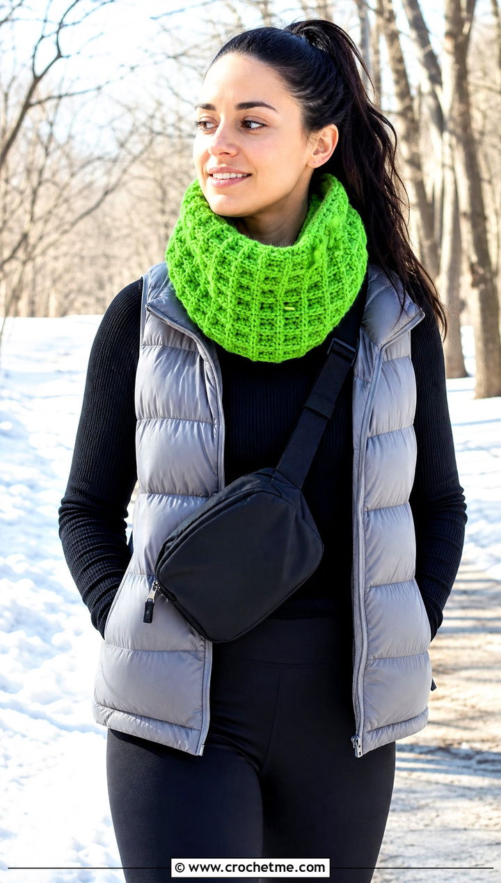 Waffle Stitch Double Length Crochet Cowl With Puffer Vest And Leggings - 15 Double Length Crochet Cowl outfit ideas