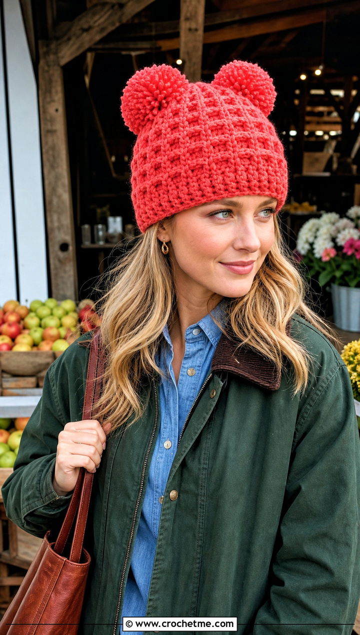 Waffle Stitch Double Pompom Crochet Hat With Barn Jacket - 25 Double Pompom Crochet Hat outfit ideas