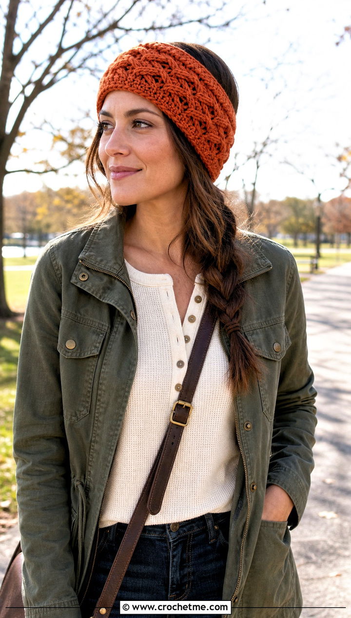 Waffle Stitch Ear Warmer With Utility Jacket - 25 Easy Crocheted Headbands Ear Warmers outfit ideas