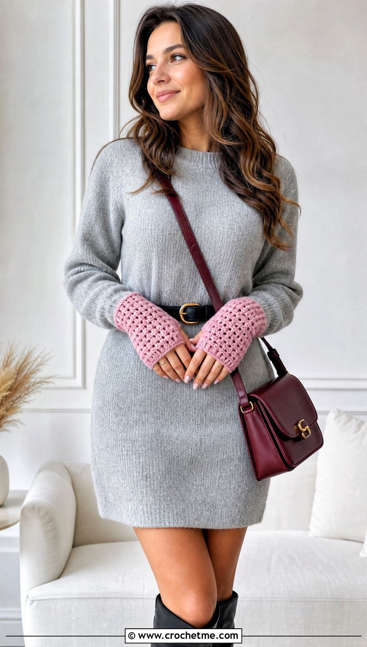 Waffle Stitch Fingerless Crochet Gloves With Sweater Dress - 30 fingerless crochet gloves outfit ideas