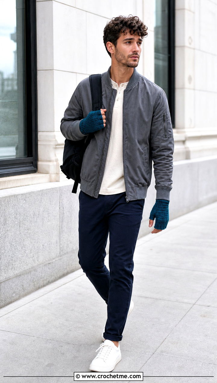 Waffle Stitch Fingerless Gloves With Bomber Jacket - 35 men crochet gloves outfit ideas