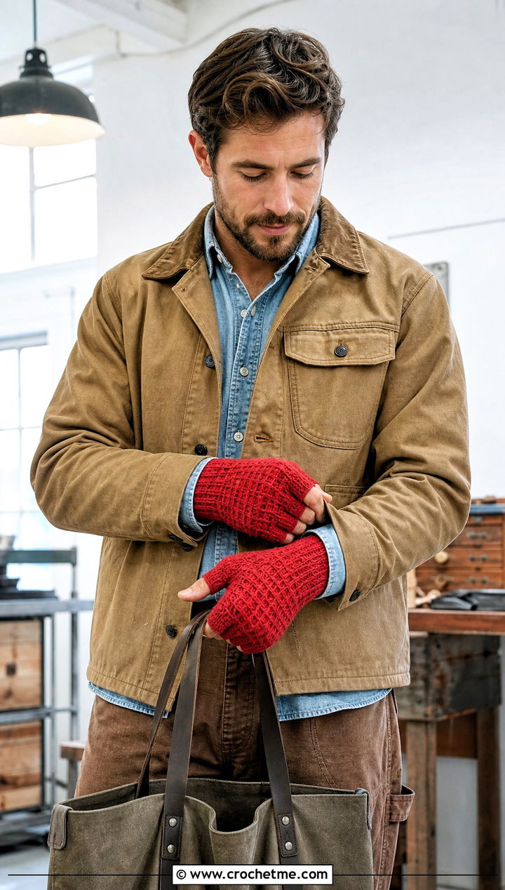 Waffle Stitch Fingerless Gloves With Chore Jacket - 25 Crochet Mens Fingerless Gloves outfit ideas