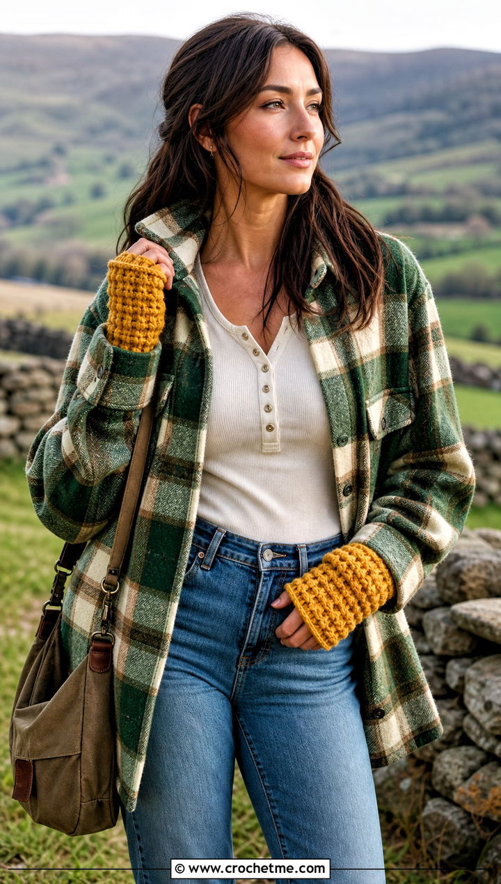 Waffle Stitch Fingerless Gloves With Shacket - 25 Diy Crochet Fingerless Gloves outfit ideas