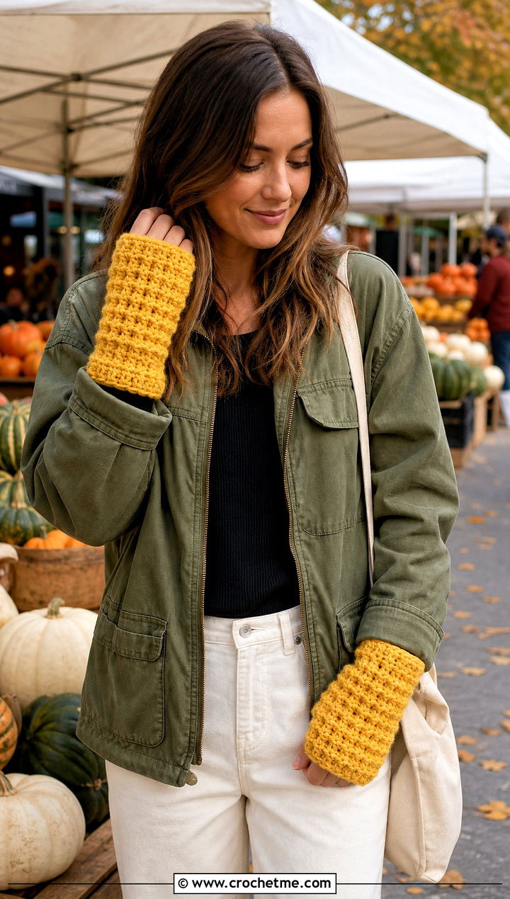Waffle Stitch Fingerless Gloves With Utility Jacket - 25 Crochet Fingerless Gloves Bulky Yarn outfit ideas