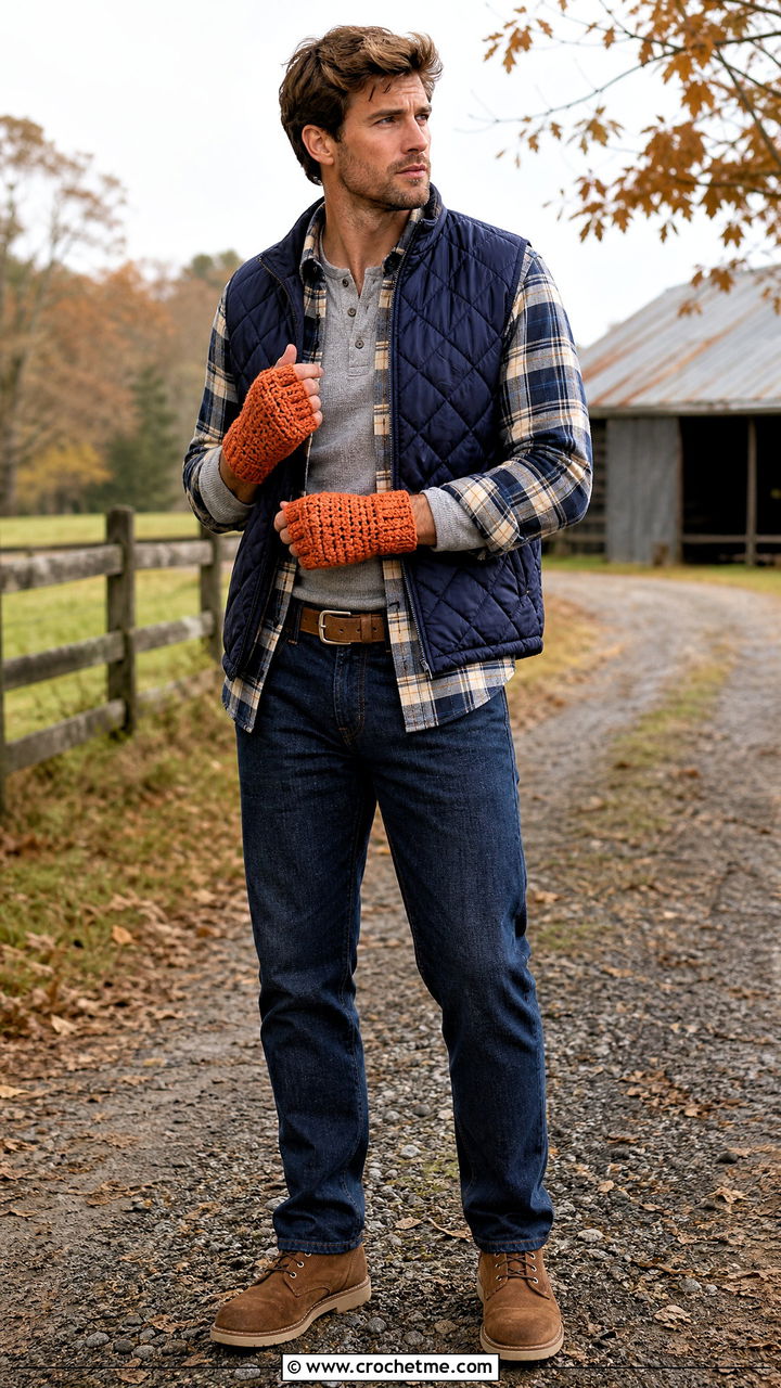 Waffle Stitch Fingerless Mitts With Flannel Shirt - 35 crochet gloves for men outfit ideas