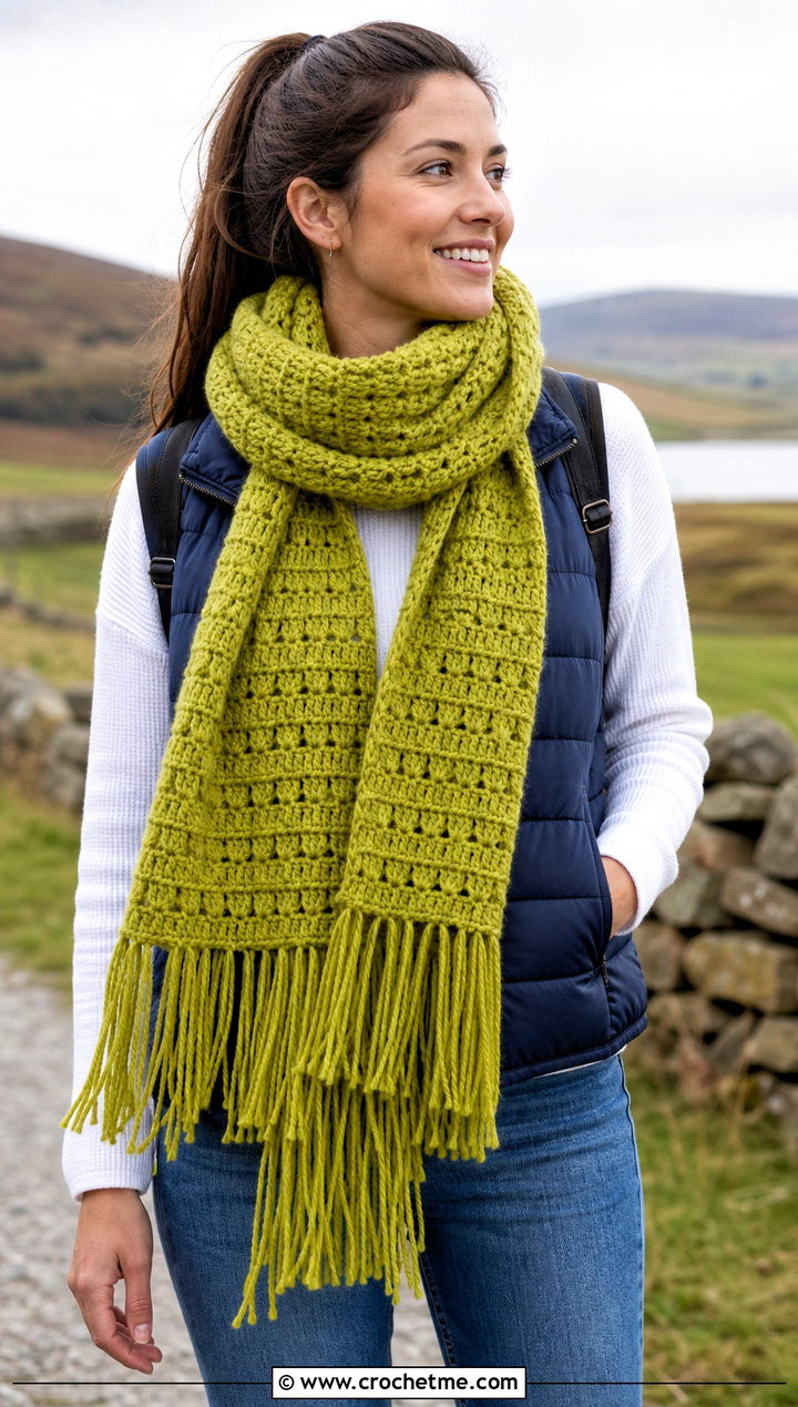 Waffle Stitch Fringe Scarf With Puffer Vest - 25 Crochet Scarf Fringe Ideas