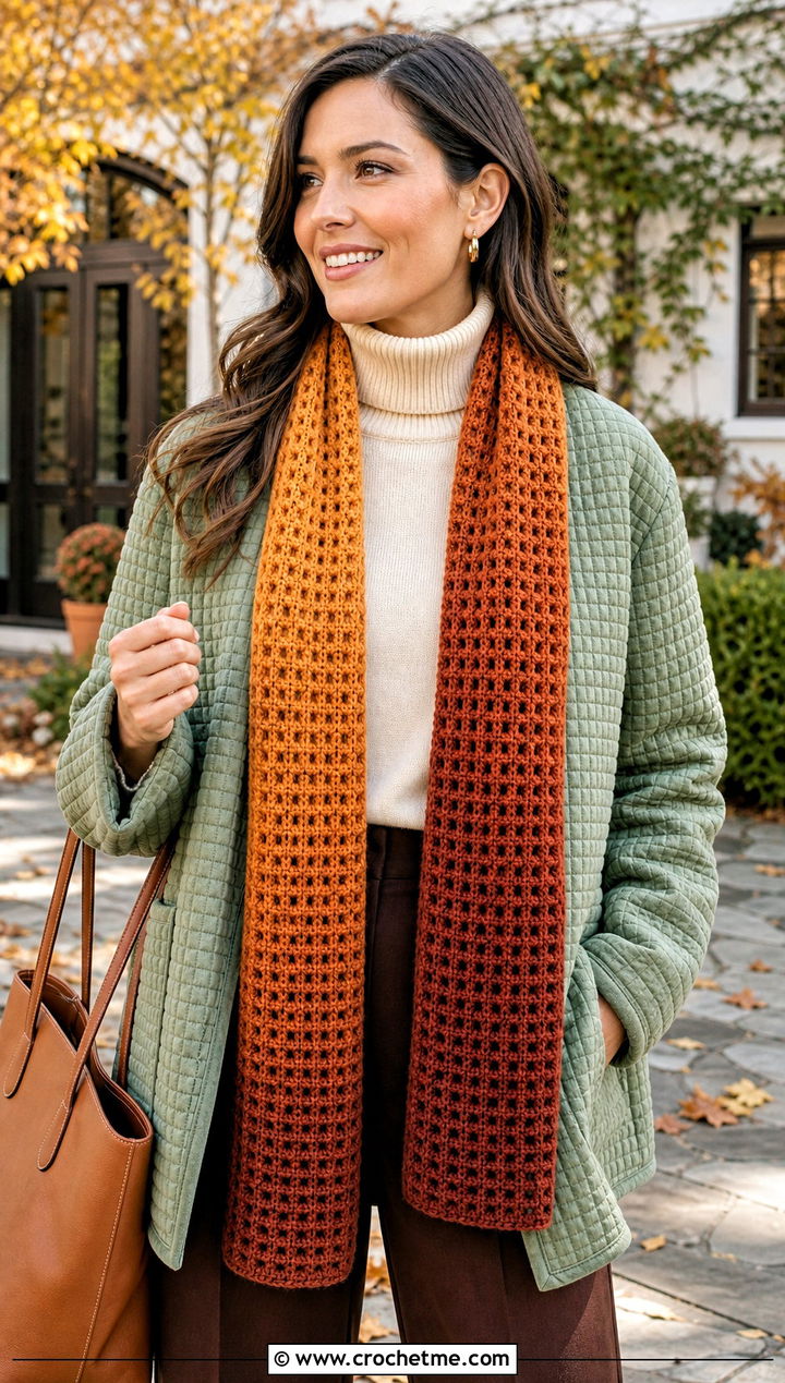 Waffle Stitch Gradient Crochet Scarf With Quilted Jacket - 25 gradient crochet scarf outfit ideas