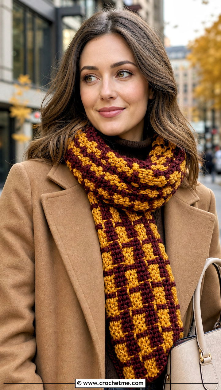 Waffle Stitch Gryffindor Crochet Scarf With Wool Coat - 25 gryffindor crochet scarf outfit ideas