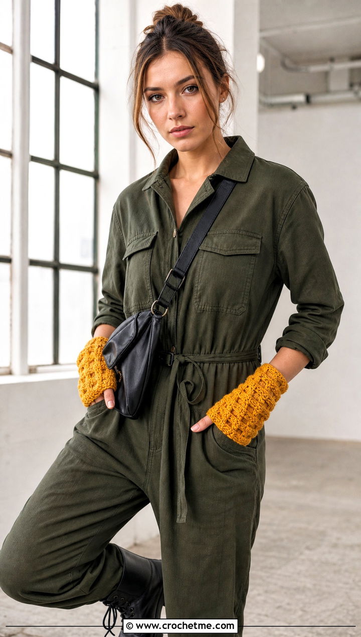 Waffle Stitch Half Finger Gloves With Utility Jumpsuit - 30 crochet half finger gloves outfit ideas