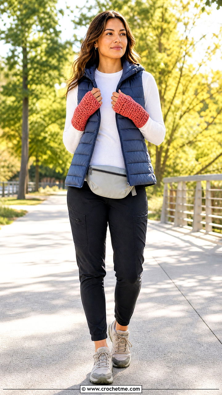 Waffle Stitch Handwarmers With Puffer Vest - 35 Crochet Handwarmer outfit ideas