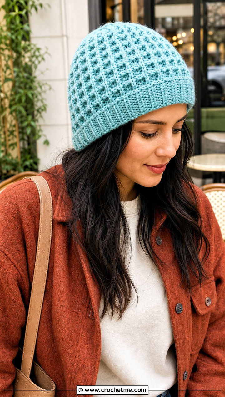 Waffle Stitch Highland Crochet Beanie With Shacket - 15 highland crochet beanie outfit ideas