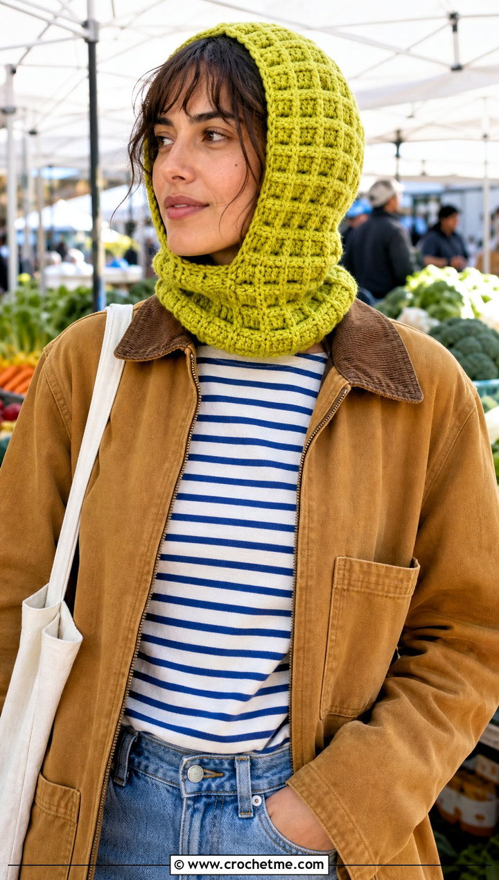 Waffle Stitch Hooded Crochet Balaclava With Barn Jacket - 30 hooded crochet balaclava outfit ideas