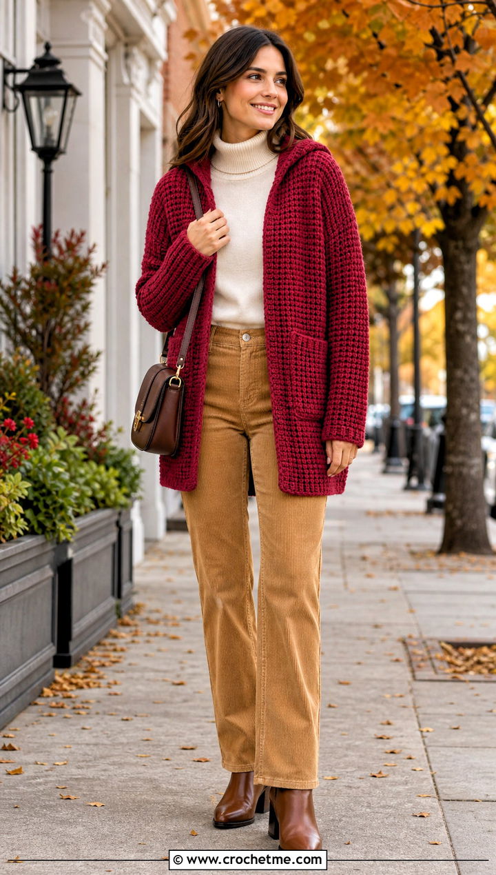 Waffle Stitch Hooded Crochet Cardigan With Corduroy Pants - 35 hooded crochet cardigan outfit ideas