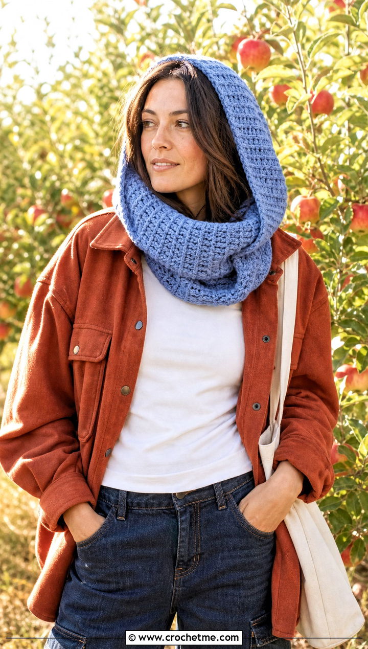 Waffle Stitch Hooded Crochet Cowl Snood With Shacket - 25 hooded crochet cowl snood outfit ideas