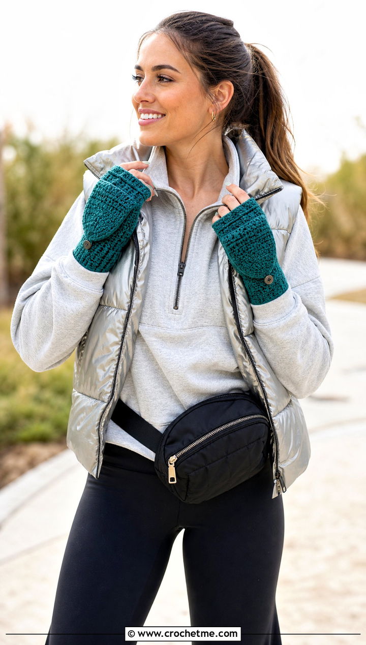 Waffle Stitch Hooded Crochet Gloves With Puffer Vest - 15 Convertible Crochet Fingerless Gloves outfit ideas