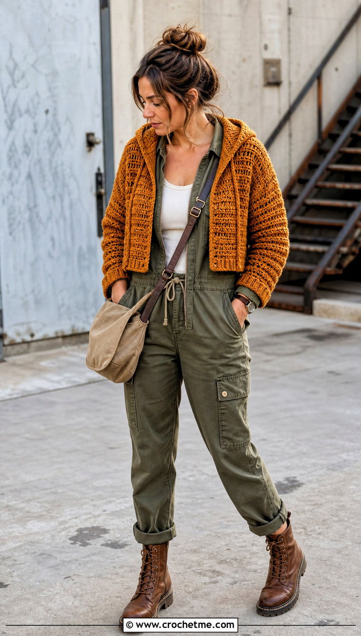 Waffle Stitch Hooded Crochet Sweater With Utility Jumpsuit - 25 Hooded Crochet Sweater outfit ideas