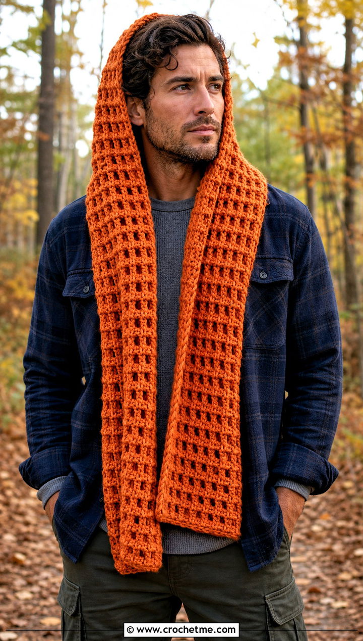 Waffle Stitch Hooded Scarf With Flannel Shirt - 20 Crochet Hooded Scarf For Men outfit ideas