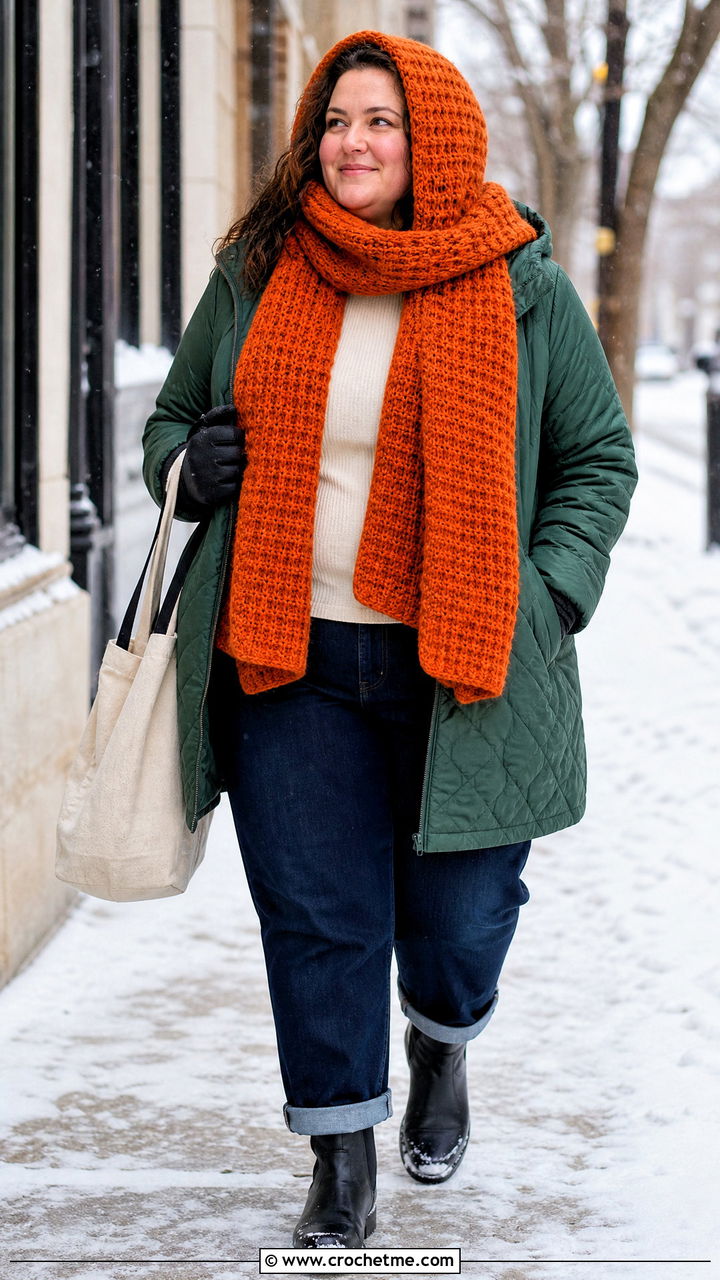 Waffle Stitch Hooded Scarf With Quilted Coat - 35 crochet hooded scarf outfit ideas